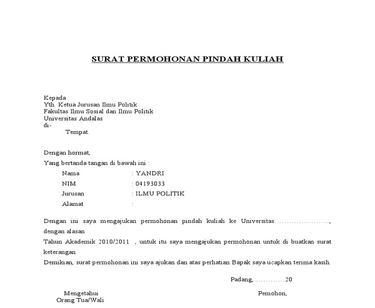 Contoh Surat Permohonan Pindah Kampus