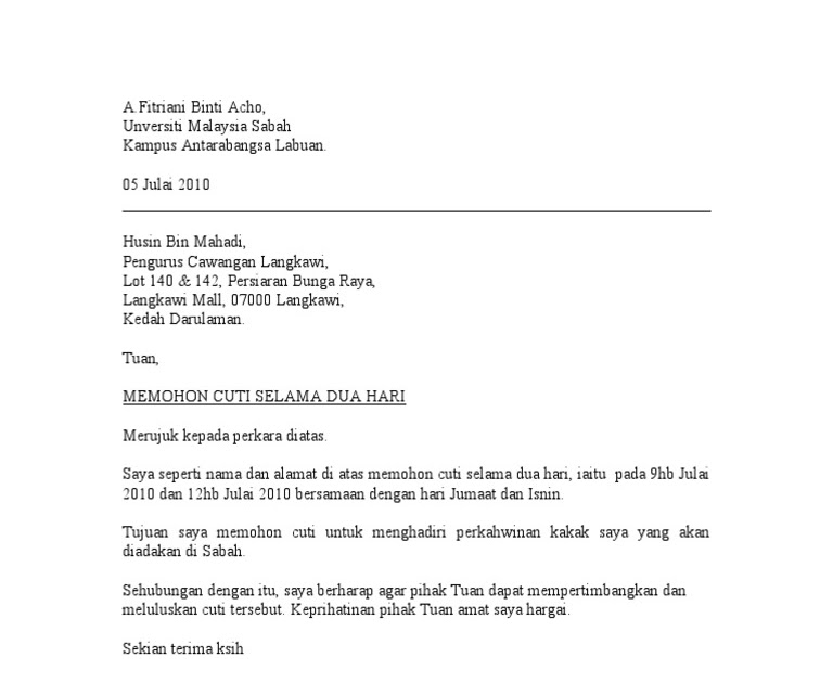 Contoh Surat Rasmi Memohon Cuti Sakit J Kosong W