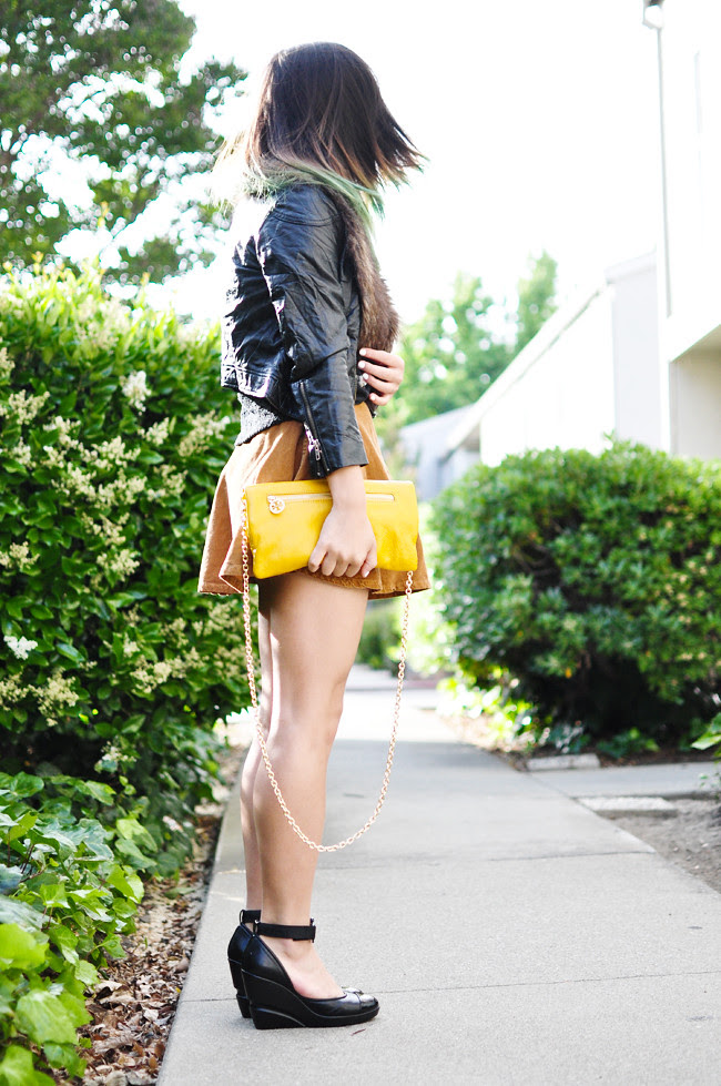 H&M faux leather crop jacket, H&M fur, Urban Outfitters tiger tee, American Apparel corduroy circle skirt, Nine West ankle-strap wedges, gifted yellow clutch