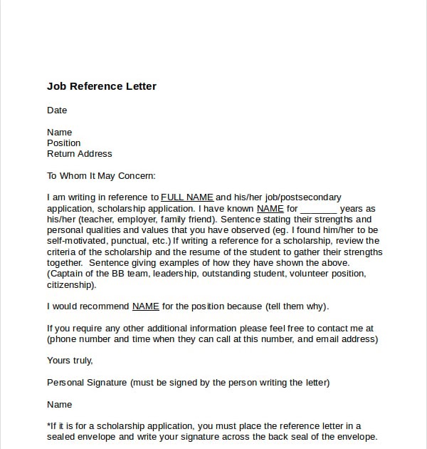 Reference letter for job