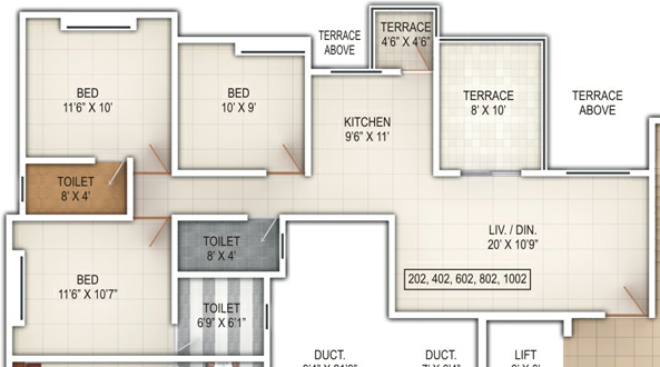3 BHK Flat - 817 Carpet + Terrace - E Building - Windsor County Ambegaon Budurk Pune 411046