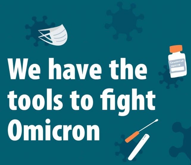 Illustration with mask, testing swab and pill bottle with text - we have the tools to fight Omicron