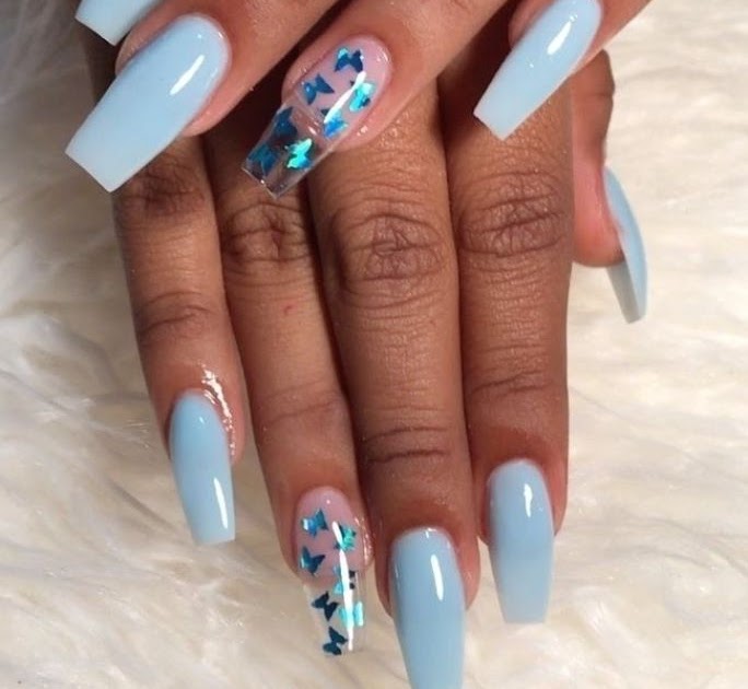 View 23 Blue Butterfly Nails Short Coffin - img-Baback