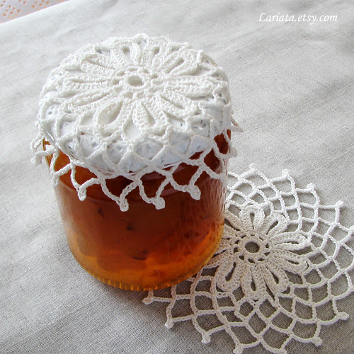plum jam with handmade crocheted cover