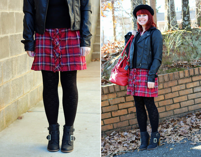 Sweater over a Red Plaid Dress, Leather Jacket, Beret, Heart Tights, & Ankle Boots Sweater over a Red Plaid Dress, Leather Jacket, Beret, Heart Tights, & Ankle Boots