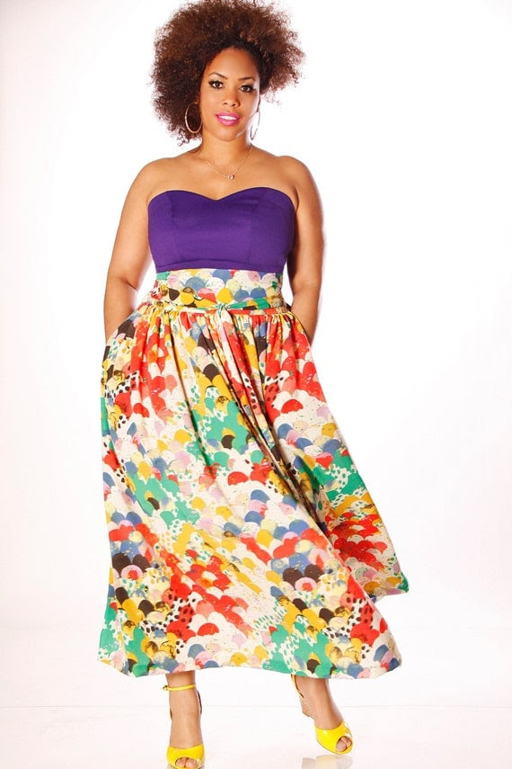 JIBRI Plus Size High Waist Printed Maxi Skirt (attached wrap belt)