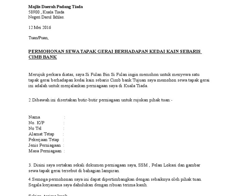 Contoh Surat Permohonan Sewa Tapak Gerai Check Spelling Or Type A New