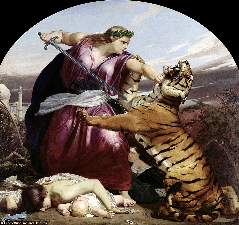 This is Retribution, painted in 1858 by Edward Armitage. Here an embodiment of Britain is presented frozen in the act of impaling a Bengal tiger, an animal that represented India, with her sword. The painting represents revenge for the 1857 rebellion and was likely to have been conceived as a fresco for the new Town Hall at Leeds, where Armitage was from. Tate Britain said: 'A dome and minaret in the distance set the scene, while the storm-blasted landscape and glowering clouds underpin the theme of vengeance - made all the more poignant by the relics of a torn book and child’s toy that litter the foreground.' The art gallery added: 'Evidence that large numbers of Indians had remained loyal to the East India Company was overlooked amid British enthusiasm for the reprisals'