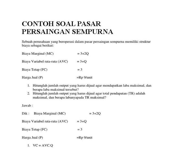 Contoh Soal Hitungan Pasar Persaingan Sempurna Dan