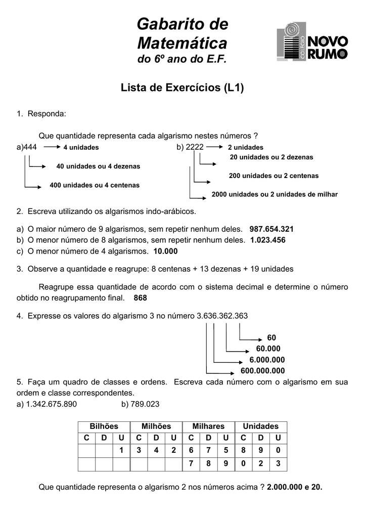Exercicios sistema de numeração decimal 6 ano com gabarito doc Exercicios De Ordem E Classe 6 Ano Com Gabarito Varias Classes