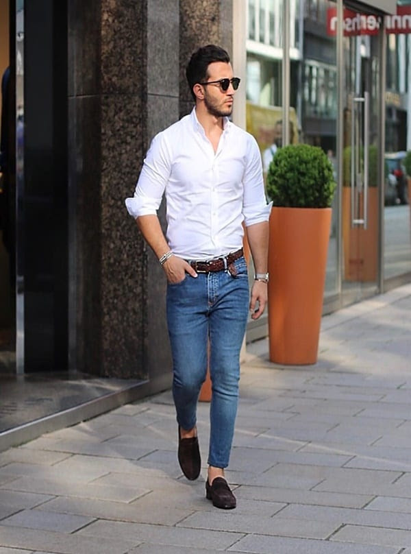 30 blue jeans and white shirt outfits ideas for men