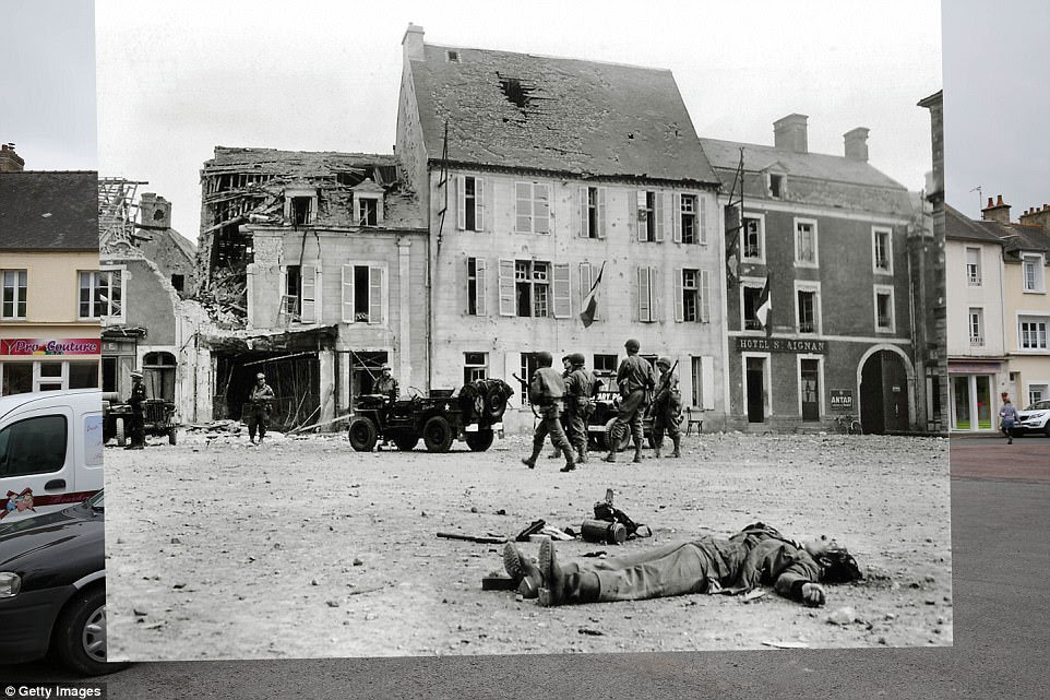 Trevieres, France. 1944: The body of a German soldier belonging to the 2. Infanterie Regiment lies on the Market Square on 15th June 1944 in front of two badly damaged buildings. 2014: A view of the market square which has repaired it's buildings damaged by the war