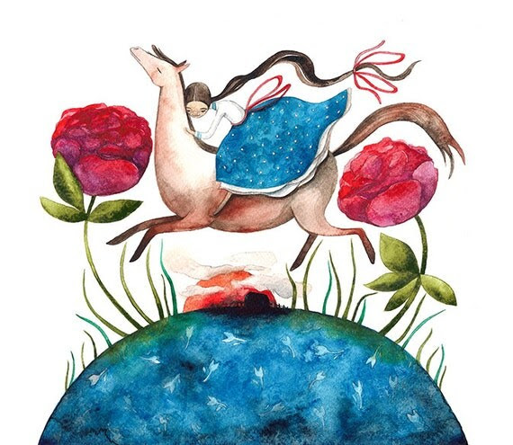 Dreams Horse Girl Roses Floral Blue Burgundy Brown Print Illustration Watercolor Nursery Wall Art