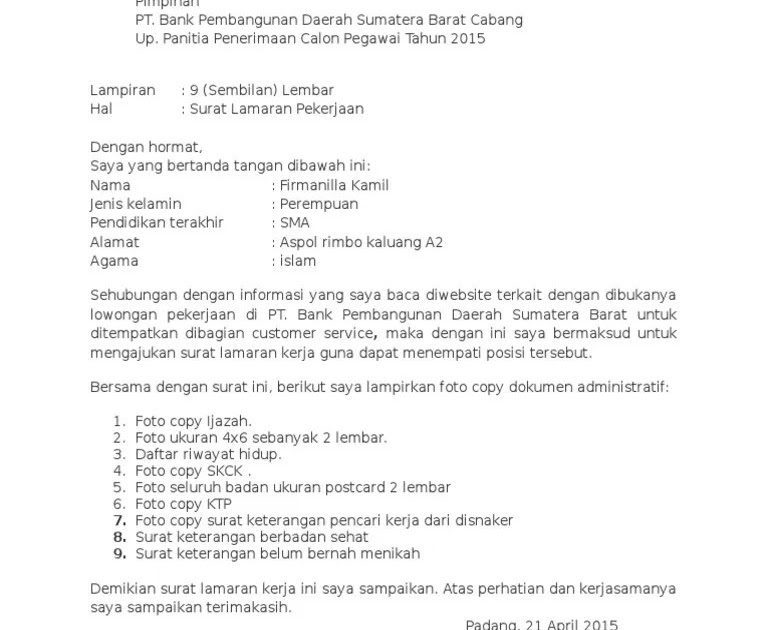 Contoh Surat Lamaran Customer Service