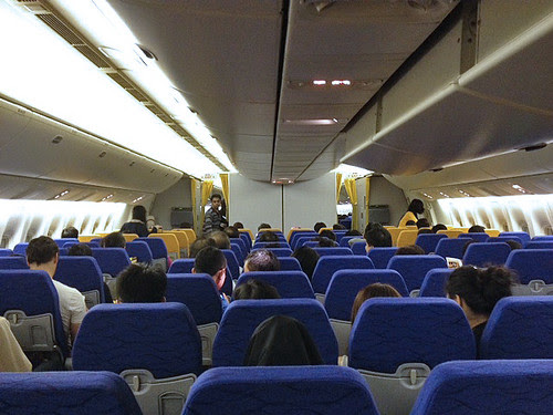 The interior of the Boeing 777-200 used by Scoot