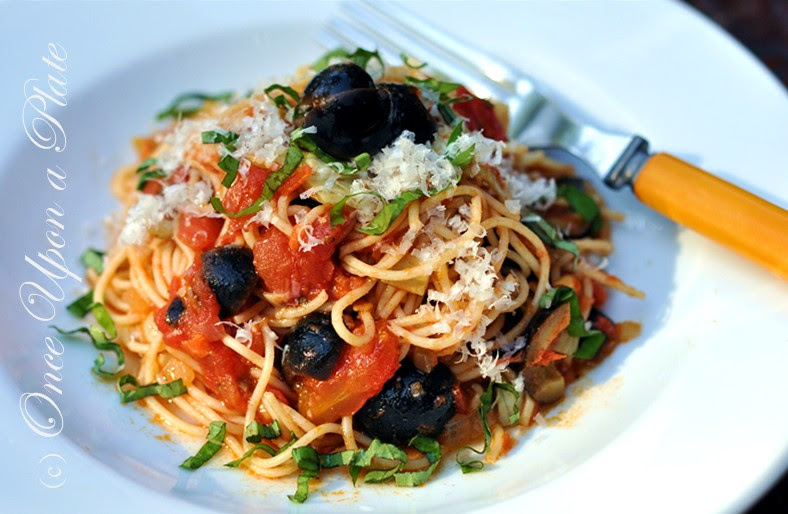 Once Upon a Plate: Capellini with Olive, Artichoke and Tomato Sauce
