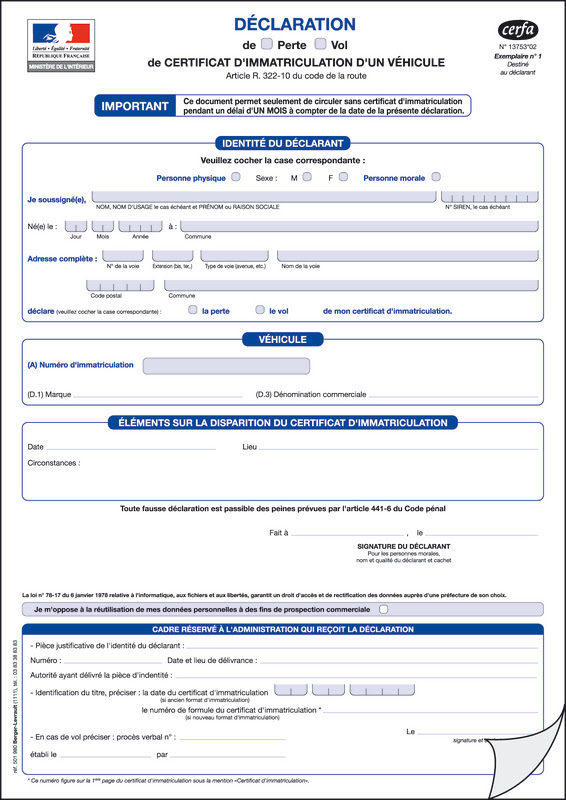 Formulaire pdf Déclaration de perte de papier