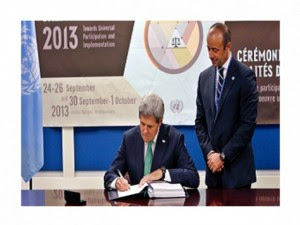 Secretary of State, John Kerry, signing away America's freedom, security and longevity by putting his name on the UN Smalls Arms Treaty in violation of the Constitution which states that any treaty must be approved by the Senate on a two-thirds vote.