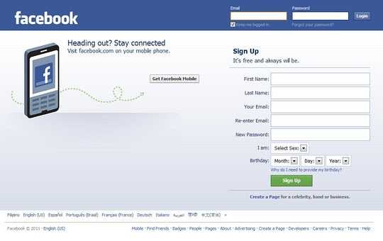 facebook login page