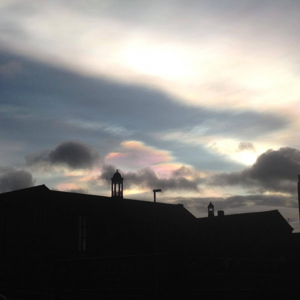 Nacreous clouds over Dublin on the morning of February 2, 2016, caught by Owen Dawson in Bishop-Auckland, UK.