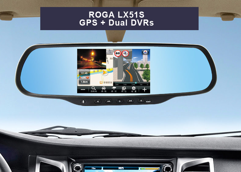 ROGA LX51S Factory Directly supply 5 inch automotive dual lens dvr unique car rearview mirror dvr with speed cam GPS navigation