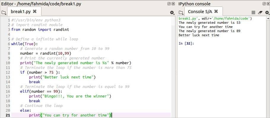 How to use a break and continue statement within a loop in python