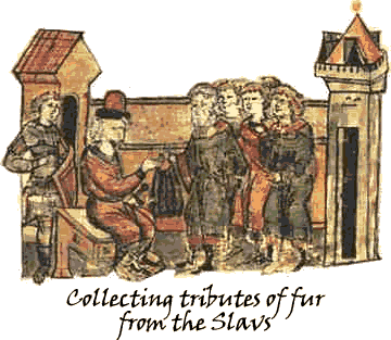enluminure medievale des Varangues qui recoivent le tribu des peuples Slaves soumis