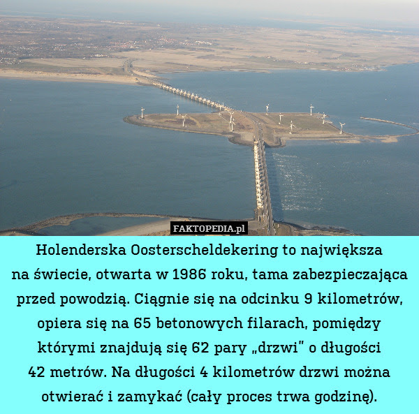 Holenderska Oosterscheldekering – Holenderska Oosterscheldekering to największa
na świecie, otwarta w 1986 roku, tama zabezpieczająca przed powodzią. Ciągnie się na odcinku 9 kilometrów, opiera się na 65 betonowych filarach, pomiędzy którymi znajdują się 62 pary „drzwi” o długości
42 metrów. Na długości 4 kilometrów drzwi można otwierać i zamykać (cały proces trwa godzinę). 