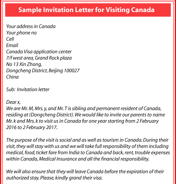 canada visit visa invitation letter sample