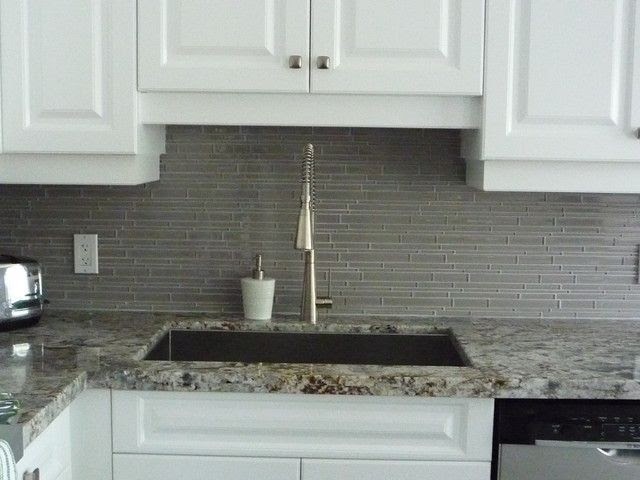 light grey glass tile backsplash
