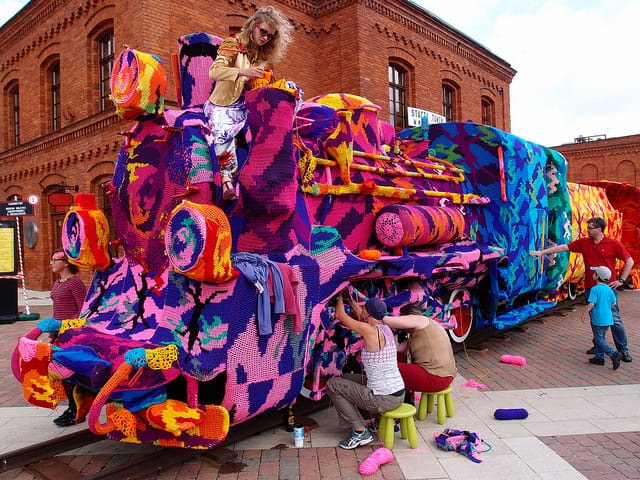 Olek Crochets an Entire Four Car Locomotive in Lodz, Poland Olek Crochets an Entire Four Car Locomotive in Lodz, Poland yarn bombing trains textiles crochet