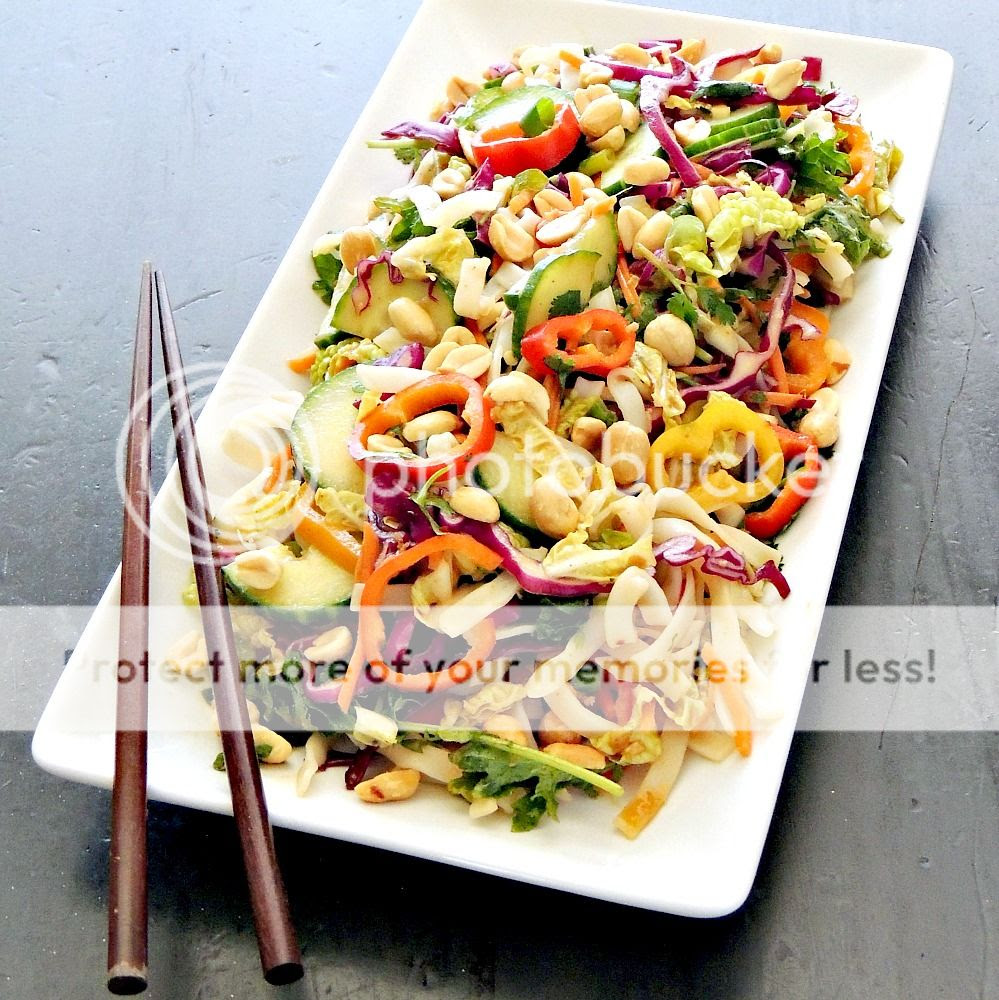 Thai Peanut Noodle Salad - Bright and beautiful, and ready in 15 minutes, this veggie packed, gluten free Thai Peanut Noodle Salad is the perfect choice for a lunch, or a meatless Monday meal. From www.bobbiskozykitchen.com