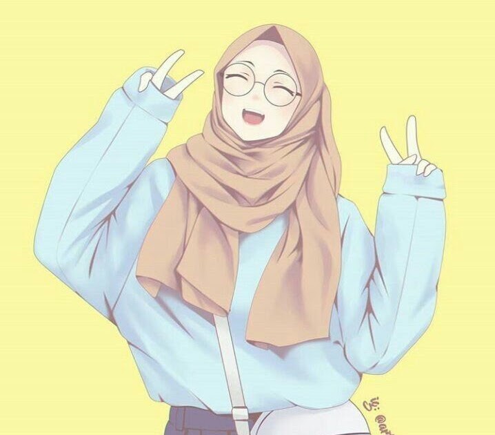 Gambar Animasi Muslimah Pakai Headset Cute  Hipster 