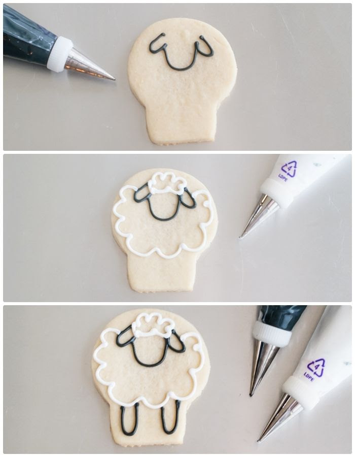 simple sheep decorated cookies, made from a skull cookie cutter | bakeat350.blogspot.com