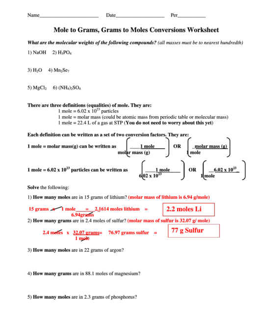 Worksheet Mole Problems Answers