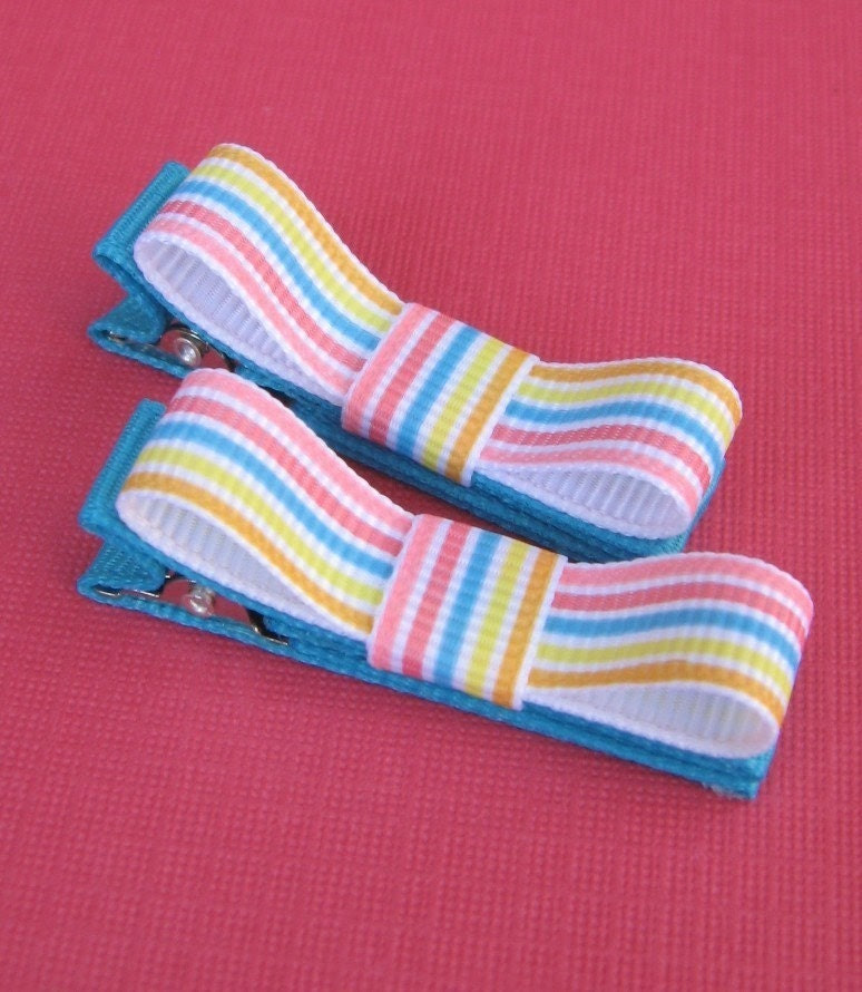 Set of Two Bright Gelato Stripe Ribbon Bow Non Slip Hair Clips