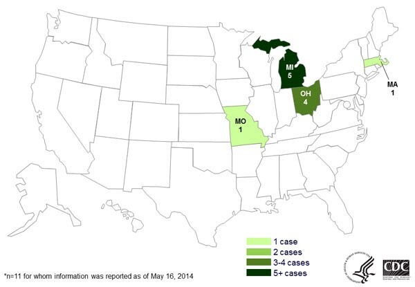 Persons infected with the outbreak strains of E. coli O157:H7, by state as of May 16, 2014