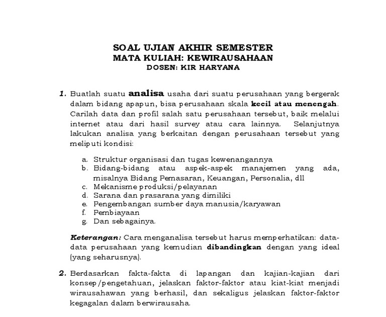 Soal Kewirausahaan Perguruan Tinggi Dunia Sosial