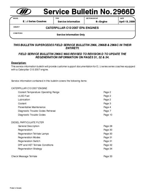 CAT C13 2007 Service Bulletin (Cooling Sys, DPF, and