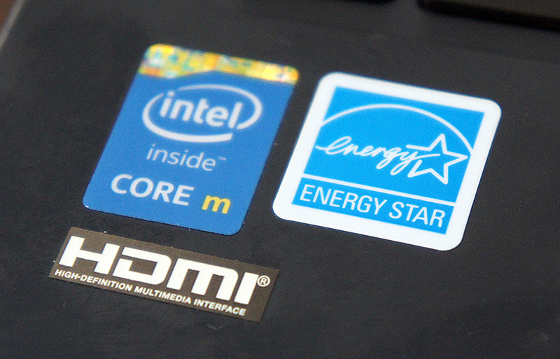 Stickers on the device proudly proclaim that it is powered by Intel's newest and exceptionally frugal Core M processor.