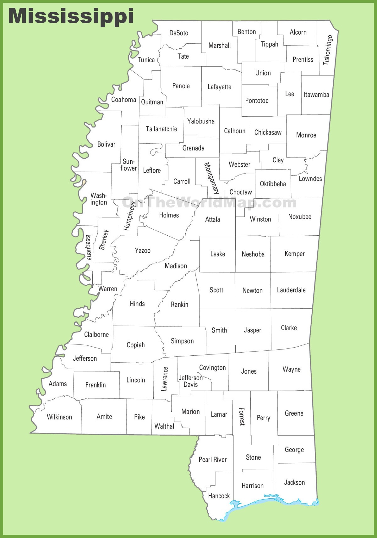 Large detailed map of Mississippi with cities and towns mapvalley