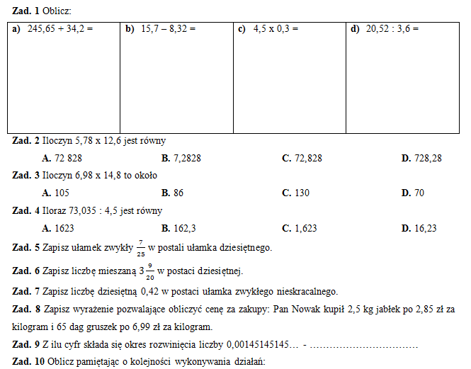 Sprawdzian Z Matematyki Klasa 4 Systemy Zapisywania Liczb Sprawdzian Z Matematyki Ułamki Dziesiętne Klasa 4 - Mądry