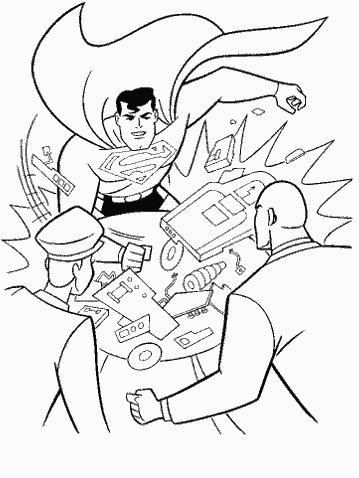 Superman free coloring pages of him smashing Lex Luther's table.