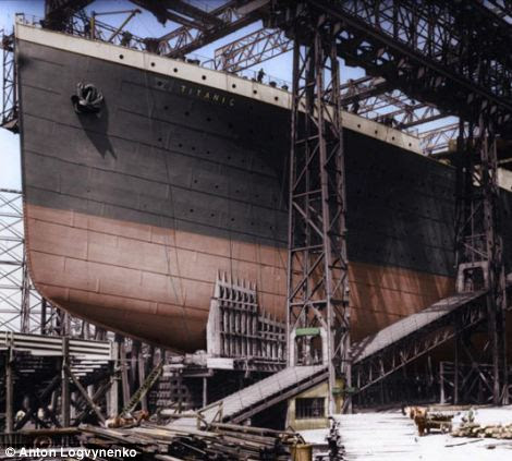Under construction: Mr Logvynenko's coloured images show the Titanic from when it was being built (right) to the finished deck 