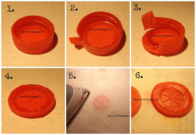 Collage tutorial per fare i bottoni con i tappi di plastica