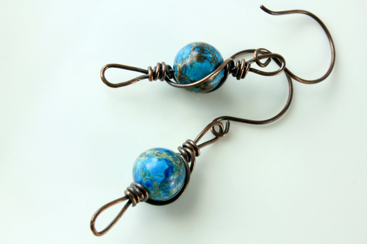 Blue Agate earrings, Copper earrings, copper wire wrap earrings with blue gemstone, statement earrings, dangle earrings, holiday gift - AliraTreasures Blue Agate earrings, Copper earrings, copper wire wrap earrings with blue gemstone, statement earrings, dangle earrings, holiday gift - AliraTreasures