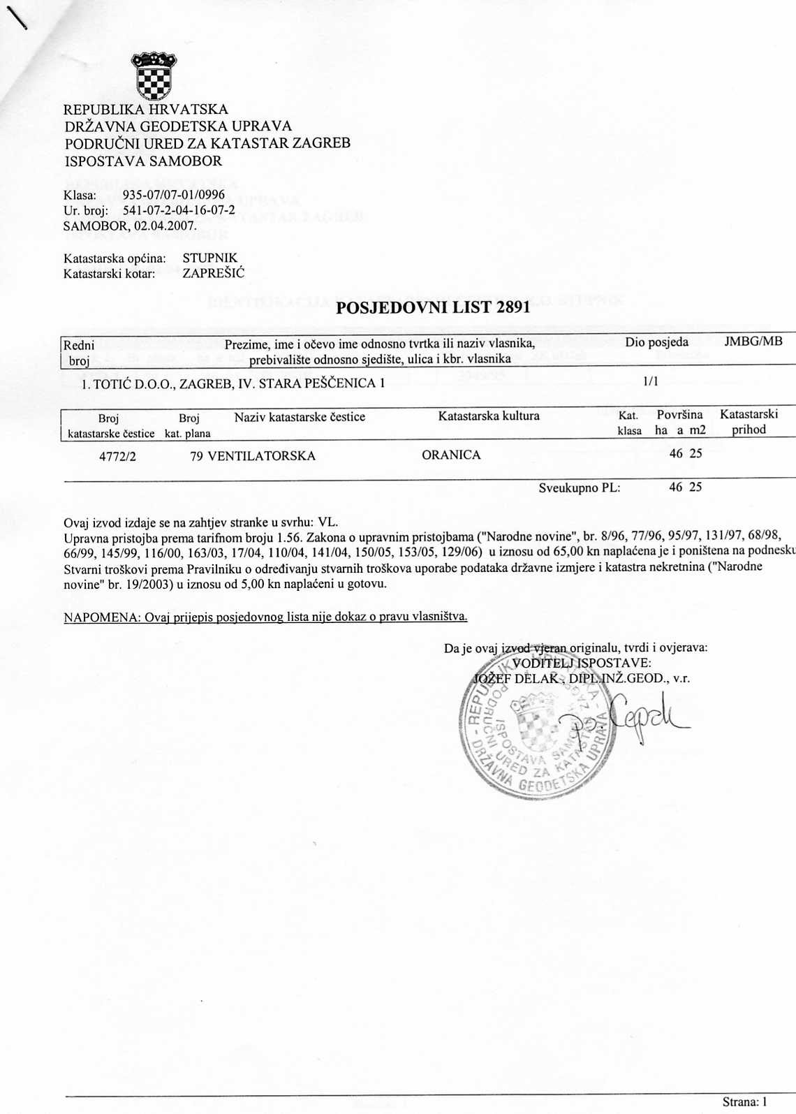 Kapacitet motora: Vlasnički list posjedovni list