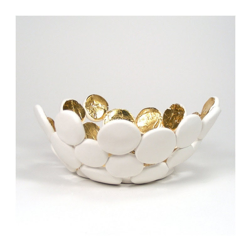 White Bubble Bowl with Gold - Luminosity / Gift under 40, Home Decor, Trinket Bowl, Home Accent, Candy Dish, Clay - mkwATELIER White Bubble Bowl with Gold - Luminosity / Gift under 40, Home Decor, Trinket Bowl, Home Accent, Candy Dish, Clay - mkwATELIER
