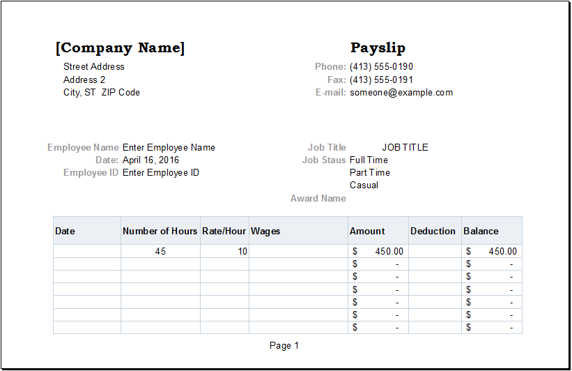 Basic Payslip Template Word | HQ Template Documents
