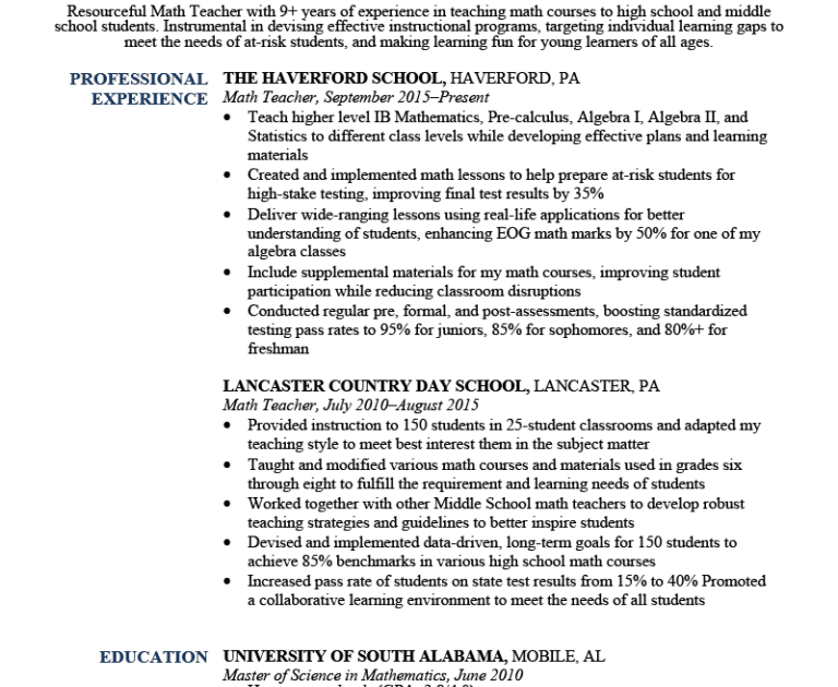 resume for teachers post